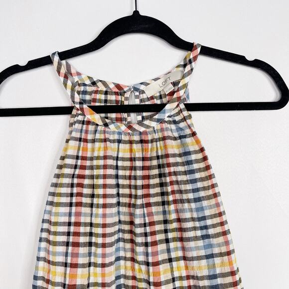 LOFT Medium M Plaid Tiered Ruffle Sleeveless Blouse Red Yellow Black Crew Neck - Picture 3 of 9